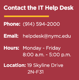 A button that gives IT's phone 914-594-2000, email helpdesk@nymc.edu, hours Monday-Friday from 8 AM to 5 PM, and location at 19 Skyline Drive, 2N-F31