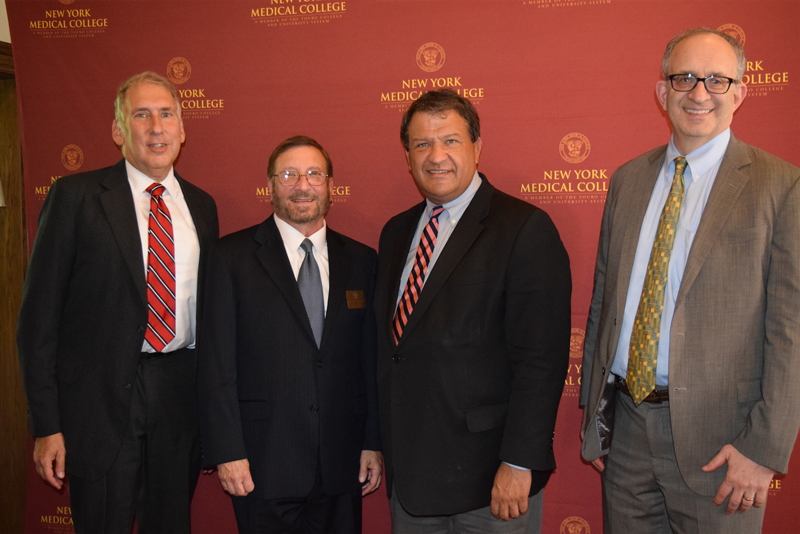 Edward C. Halperin, M.D., M.A., left, Robert W. Amler, M.D., M.B.A., second on the left, Alan Kadish, M.D., far right, Westchester County Executive George S. Latimer