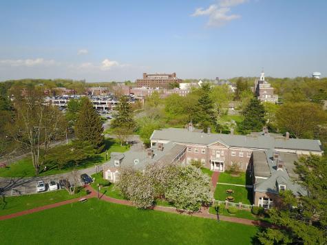 an areal photo of NYMC campus through a drone