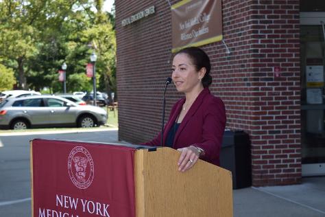 Marina Holz, Ph.D., at the podium during GSBMS Renaming Luncheon 