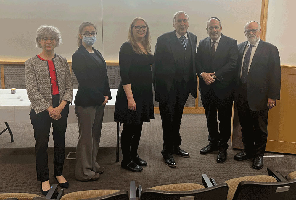 Anne Bayefsky, M.A., LLB, Margot Lurie, Marie T. Ascher M.S., M.P.H., Edward C. Halperin, M.D., M.A., Rabbi Moshe D. Krupka and Paul Glasser in the Nevins Auditorium