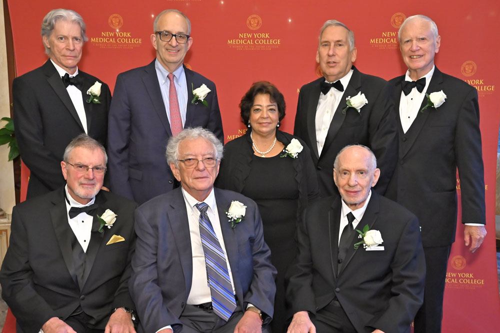 Top row from left: Ben C. Watson, Ph.D., Alan Kadish, M.D., president, Gladys M. Ayala, M.D., M.P.H., F.A.C.P., Edward C. Halperin, M.D., M.A., and James J. O'Brien, Ph.D., M.A. Seated from left: Francis L. Belloni, Ph.D., Leonard J. Newman, M.D. ’70, William H. Frishman, M.D., MACP, 