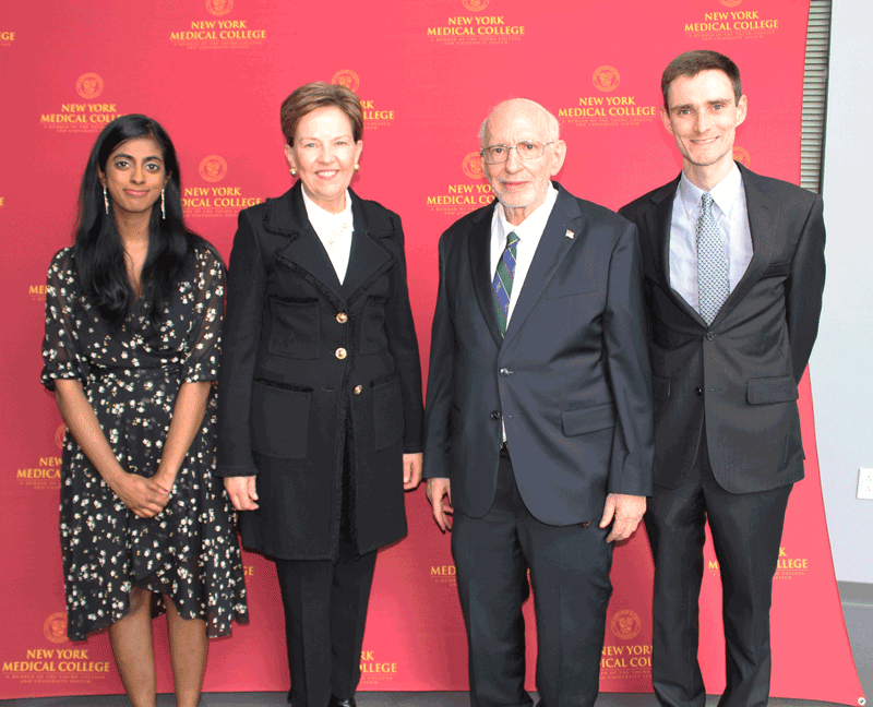 From left: Arisheniah Sothilingam, SOM Class of 2023, AOA Iota Chapter President, Holly Humphrey, M.D., MACP, William Frishman, M.D. Sean Ormond, SOM Class of 2023, AOA Iota Chapter Vice President.