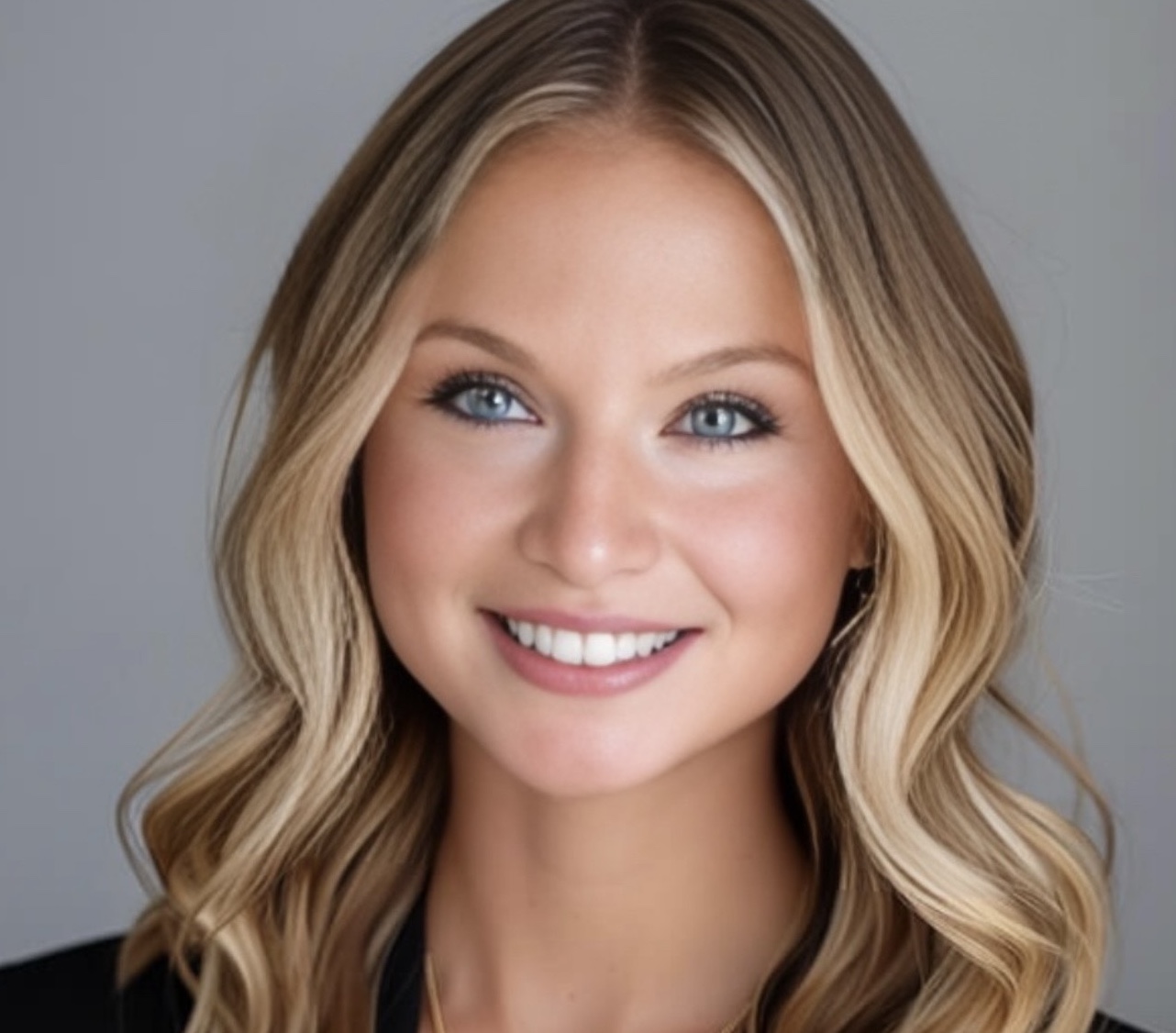 Woman smiling in front of grey background