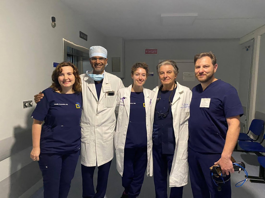 Augustine Moscatello, M.D., M.S., second from left, and Manoj T. Abraham, M.D., F.A.C.S, second from right, with colleagues during Ukraine mission trip.