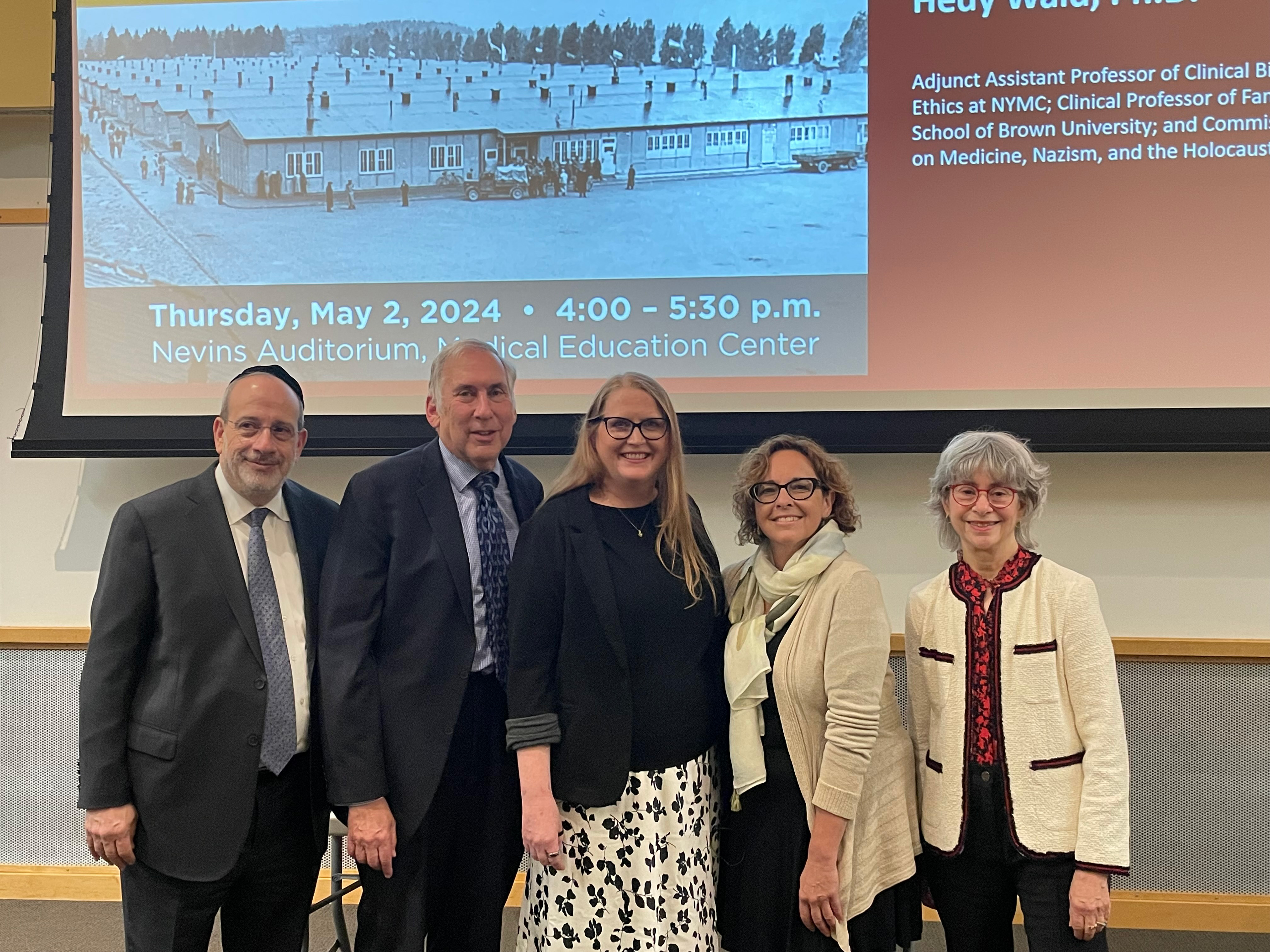 NYMC and TU leadership and faculty with the keynote speaker of the 2024 Yom Hashoah event.