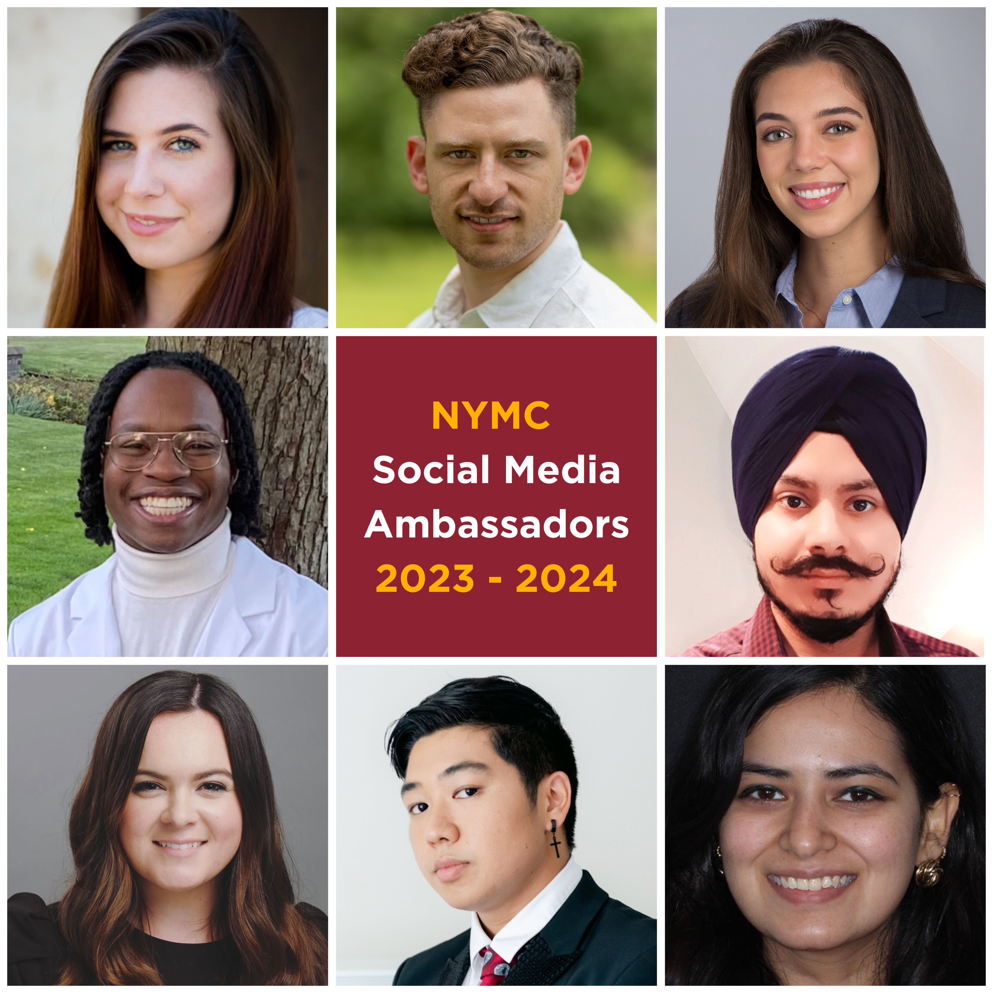 A 3 by 3 square grid with 8 students around a maroon sign that says NYMC Social Media Ambassadors 2023-2024