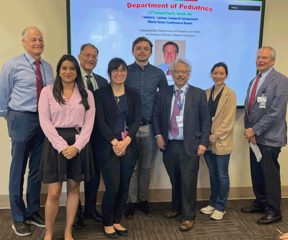 NYMC faculty members with the winners of the Paul K. Woolf, M.D., Pediatric Trainee Research Day