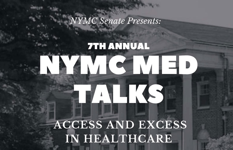 NYMedTalks 2021 back and white image with words reading: "Access and Excess in Healthcare" 