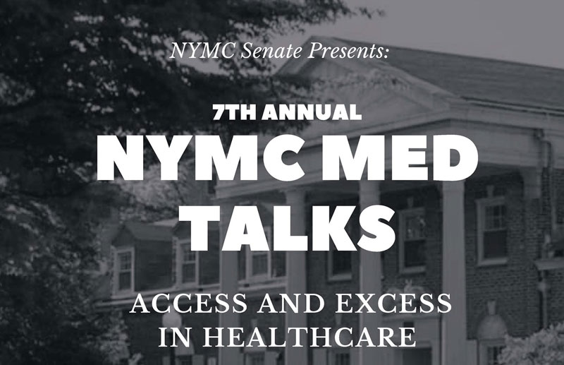 NYMedTalks 2021 back and white image with words reading: "Access and Excess in Healthcare"