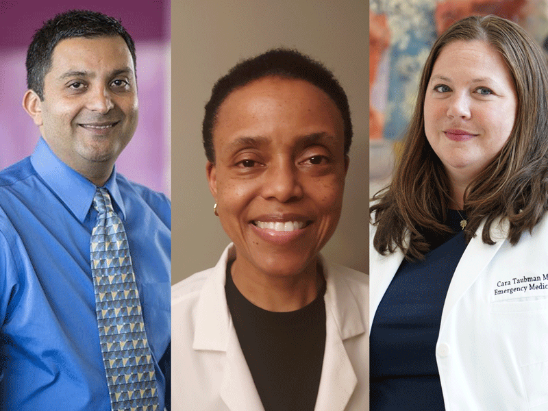 Headshots of Rajeer Vibhaker, Ph.D., ’99, M.P.H. ’99, M.D. ’99, Karen Clarke, M.S. ’93, M.P.H. ’94, M.D. ’96; and Cara Taubman, M.S. ’05, M.P.H. ’10, M.D. ’10