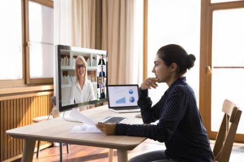 Student at computer doing virtual interview